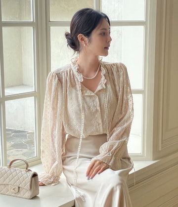 (Sleeveless Set) Shudin Lace Tie Puff Blouse